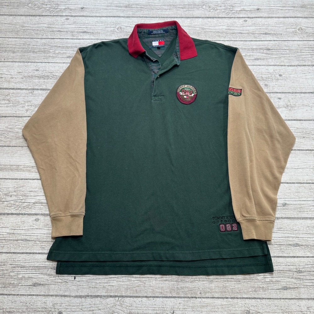 Vintage Tommy Hilfiger Polo Shirt Men's M Green Colorblock Long Sleeve Athletic